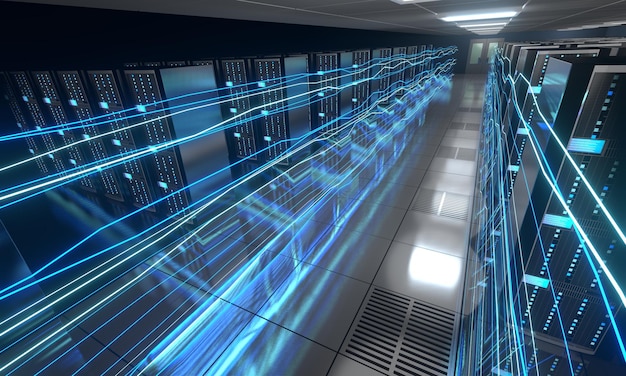 Digital information flow through data center with many computer racks