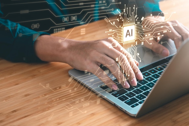 Digital information technology concept Businessman touching artificial intelligence icon Chatbot and AI concept