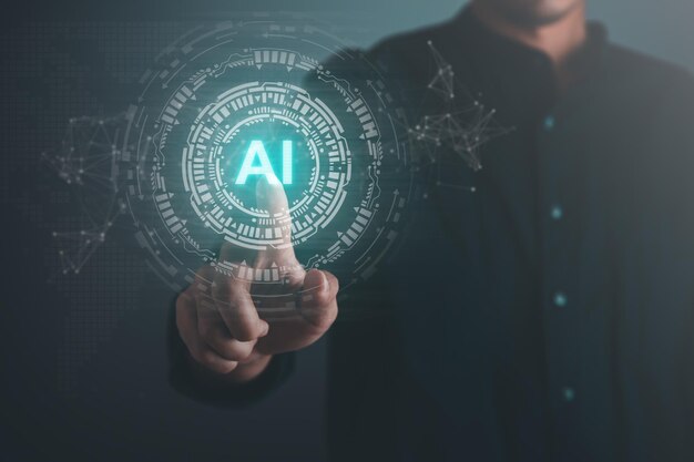 Digital information technology concept Businessman touching artificial intelligence icon Chatbot and AI concept