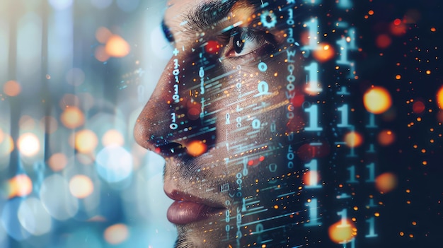 Digital software binary code glows on the face of a young male IT specialist