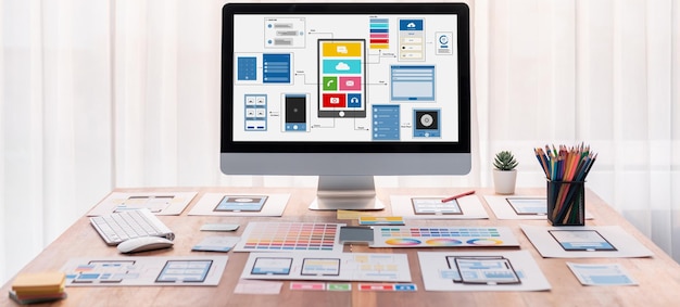 Digital wireframe design for web or mobile app UI on laptop Scrutinize