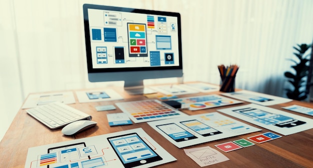 Digital wireframe design for web or mobile app UI on laptop Scrutinize