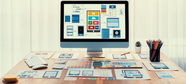 Digital wireframe design for web or mobile app UI on laptop Scrutinize