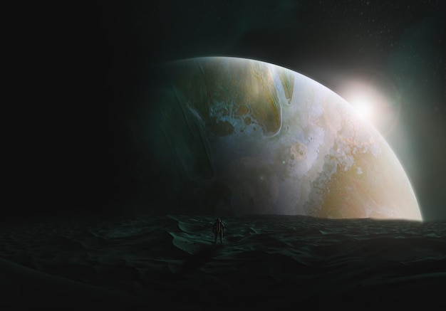 Digitally generated image of man standing in front of moon