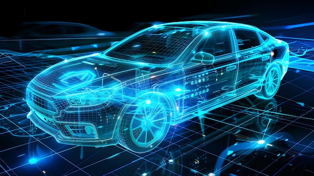 Digitally Rendered Futuristic Electric Vehicle with Holographic Data Visualization