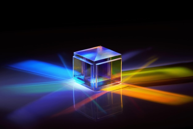 dispersion of artificial light, dichroic reflective square cube scattering beam of light into severa
