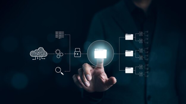DMS document management system concept Businessman working and using online documentation database management software technology Process automation to manage files efficiently Cloud data computing