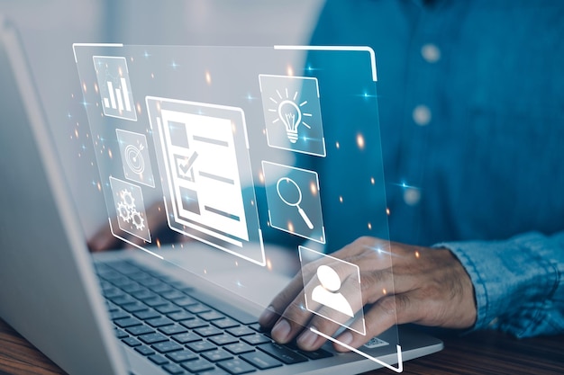 DMS is document management concept Man using a computer to document management in online documentation database and digital file storage system or software records keeping database technology