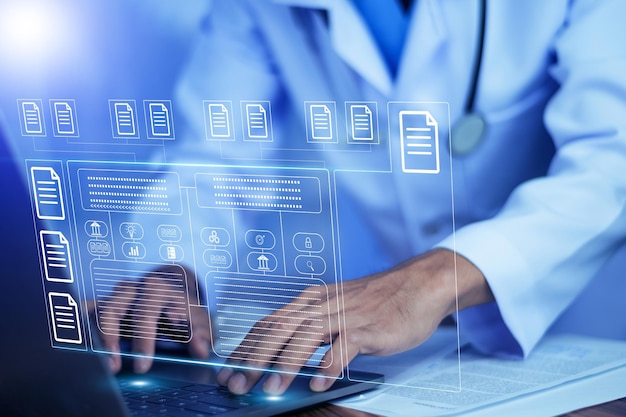 Doctor using software computer Document Management System DMS online documentation database process automation to efficiently manage files