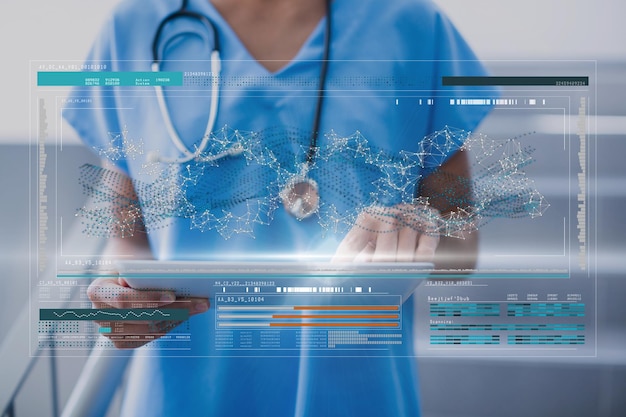 Doctor woman using a tablet with DNA interface