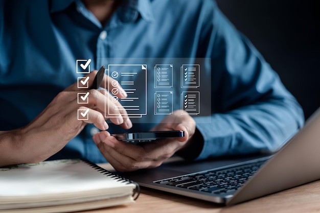 Document Management Checking System online documentation database and process manage files Magnifier check and focus to document folder documentation Corporate business technology concept