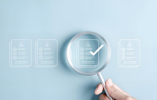 Document Management Checking System online documentation database and process manage files Magnifier check and focus to document folder documentation Corporate business technology concept