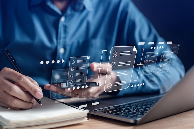 Document Management Checking System online documentation database and process manage files Magnifier check and focus to document folder documentation Corporate business technology concept