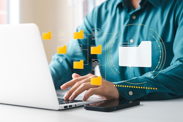 Document management concept Virtual screen icons Document Management System DMS Online document database software for efficient archiving searching and management of company files and data