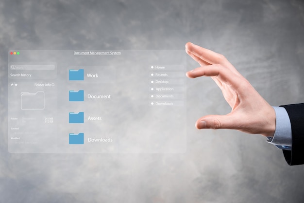 Document management concept. Virtual screen icons Document Management System DMS Online document database, software for efficient archiving, searching and management of company files and data.