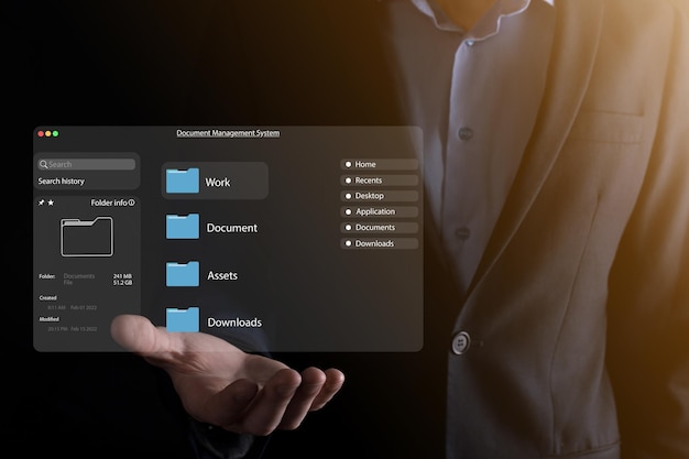 Document management concept. Virtual screen icons Document Management System DMS Online document database, software for efficient archiving, searching and management of company files and data.