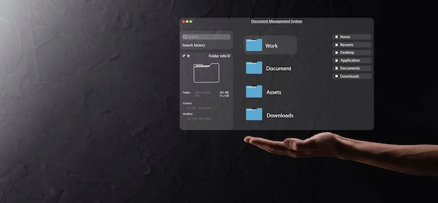 Document management concept. Virtual screen icons Document Management System DMS Online document database, software for efficient archiving, searching and management of company files and data.