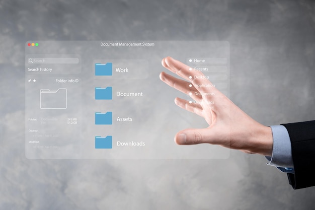 Document management concept Virtual screen icons Document Management System DMS Online document database software for efficient archiving searching and management of company files and data
