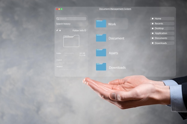 Document management concept Virtual screen icons Document Management System DMS Online document database software for efficient archiving searching and management of company files and data