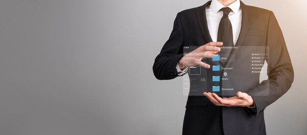 Document management concept Virtual screen icons Document Management System DMS Online document database software for efficient archiving searching and management of company files and data