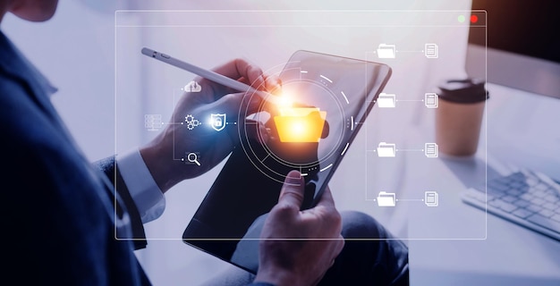 Document management system concept business man holding folder and document icon software searching and managing files online document database for efficient archiving and company data