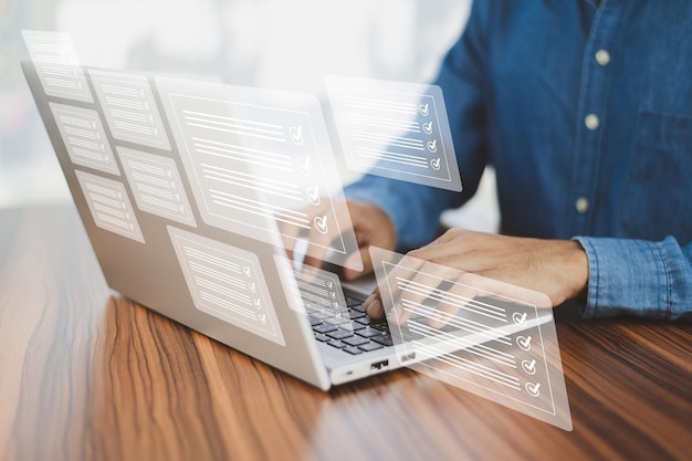 Document management system concept business man using computer folder and document icon software searching and managing files online document database for efficient archiving and company data