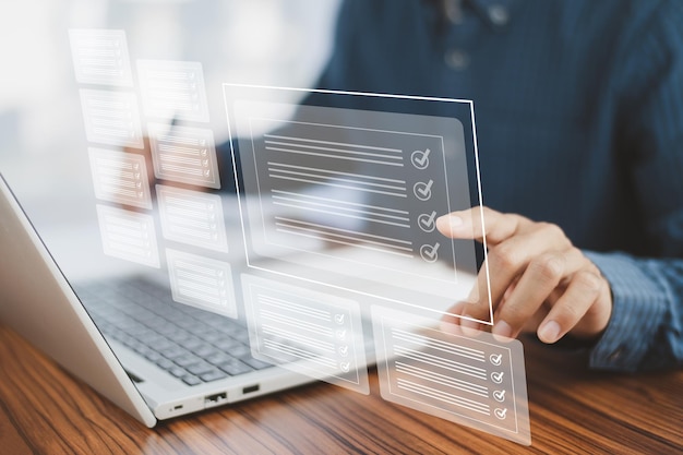 document management system concept business man using computer folder and document icon software searching and managing files online document database for efficient archiving and company data