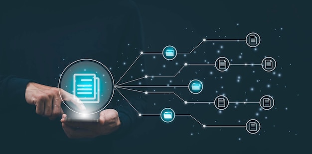 Document Management System DMS Archiving software for business file Businessman touch folder document Management System online documentation database and process automation to efficiently manage