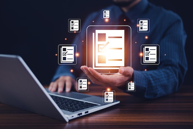 Documents management information system concept Businessman using visual screen internet for Documents management information system and ERP program data directory in company ERP document management
