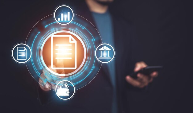 Documents management information system concept Businessman using visual screen internet for Documents management information system and ERP program data directory in company ERP document management