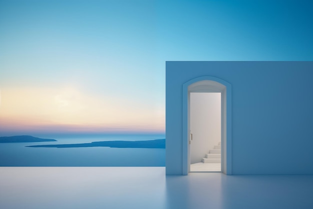Doorway Revealing a Staircase to the Calm Sea Dawns Early Light Casting a Vision of Peace and Simplicity