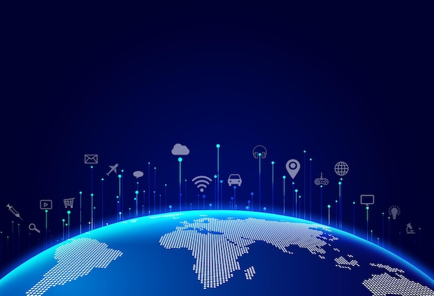 Dot line link ray around digital Earth Internet technology background