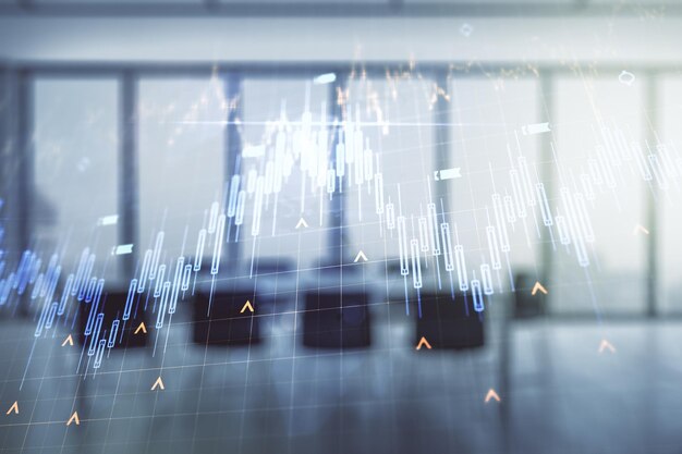 Double exposure of abstract creative financial diagram and world map on a modern boardroom background banking and accounting concept