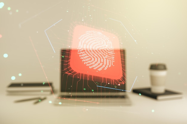 Double exposure of abstract creative fingerprint hologram on laptop background research and development concept