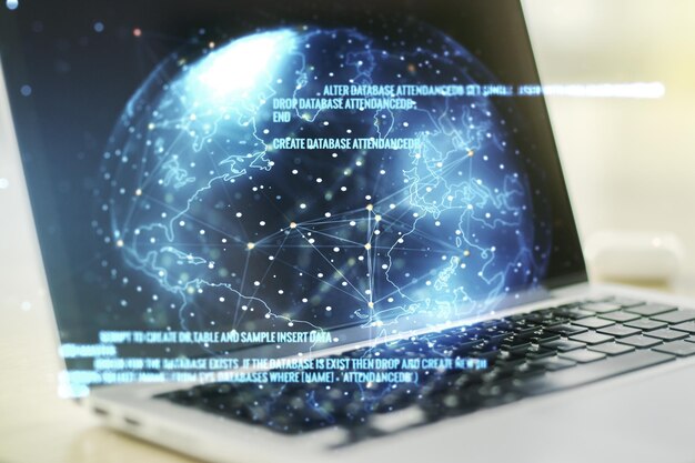 Double exposure of abstract creative programming illustration with world map on computer background big data and blockchain concept