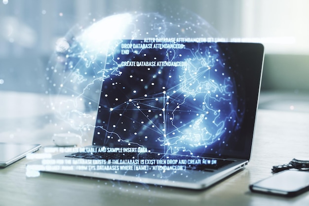 Double exposure of abstract creative programming illustration with world map on computer background big data and blockchain concept