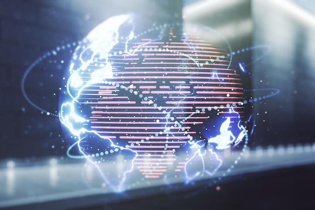 double exposure of abstract digital world map hologram with connections on contemporary business center exterior background big data and blockchain concept