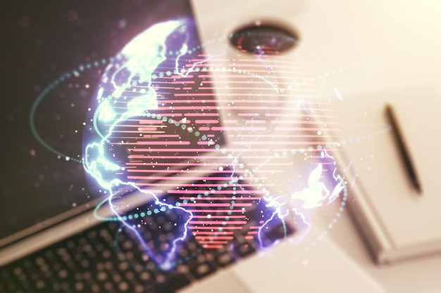 Double exposure of abstract digital world map with connections on computer background big data and blockchain concept