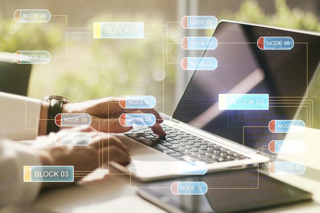 Double exposure of abstract programming language hologram with hands typing on laptop on background research and development concept