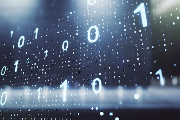 Double exposure of abstract virtual binary code hologram on modern business center exterior background Database and programming concept