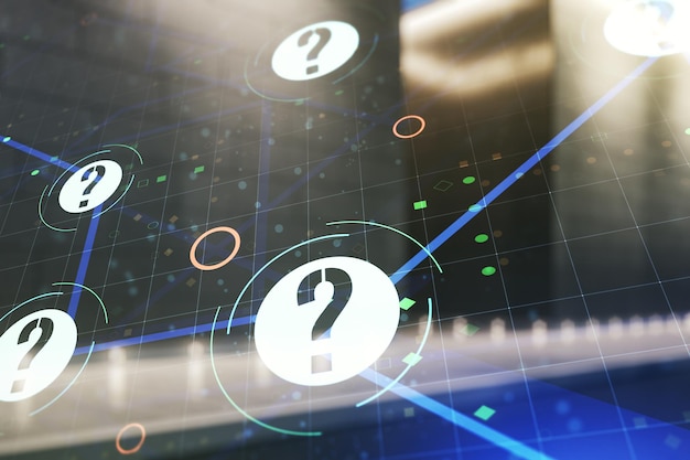 Double exposure of abstract virtual question mark hologram on modern business center exterior background Sociology and psychology concept
