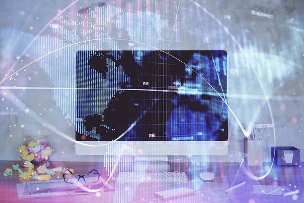 Double exposure of business theme icons and work space with computer background Concept of success