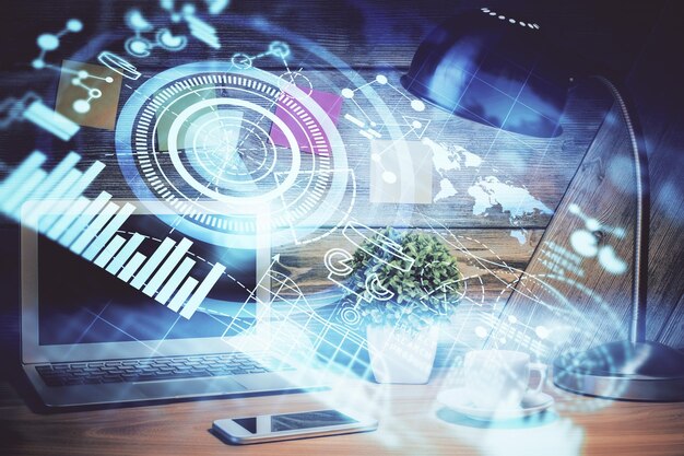 Double exposure of business theme icons and work space with computer background Concept of success