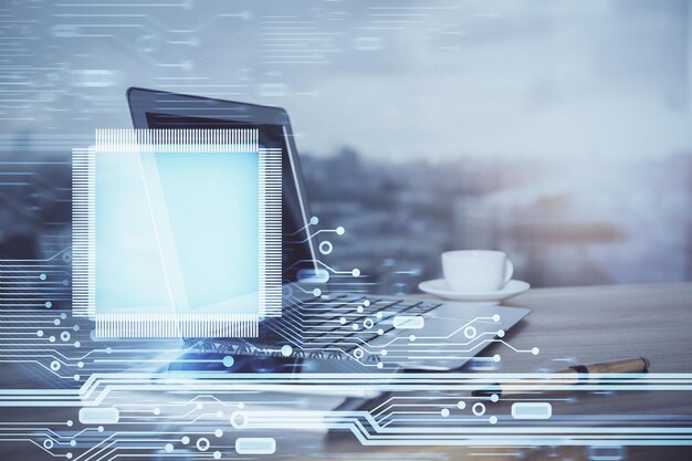 Double exposure of computer and technology theme hud Concept of innovation