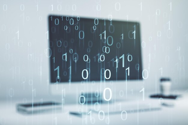 Double exposure of creative abstract binary code hologram on laptop background. Database and programming concept