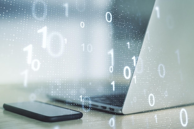 double exposure of creative abstract binary code hologram on laptop background database and programming concept
