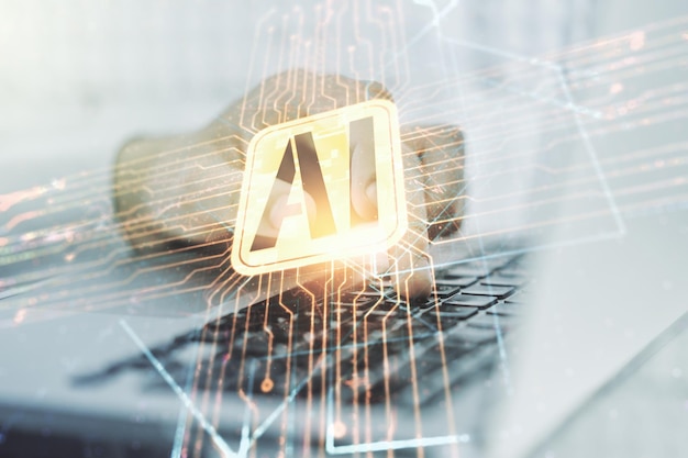 Double exposure of creative artificial Intelligence icon with hands typing on laptop on background Neural networks and machine learning concept