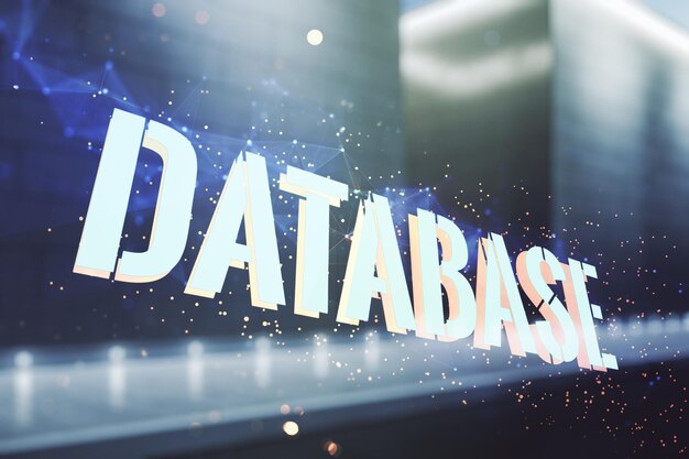Double exposure of creative Database word hologram on modern business center exterior background research and development concept