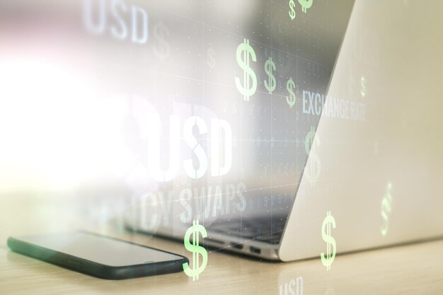 Double exposure of creative EURO USD symbols hologram on laptop background Banking and investing concept