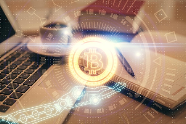 double exposure of crypto technology drawing and desktop with coffee and items on table background concept of blockchain